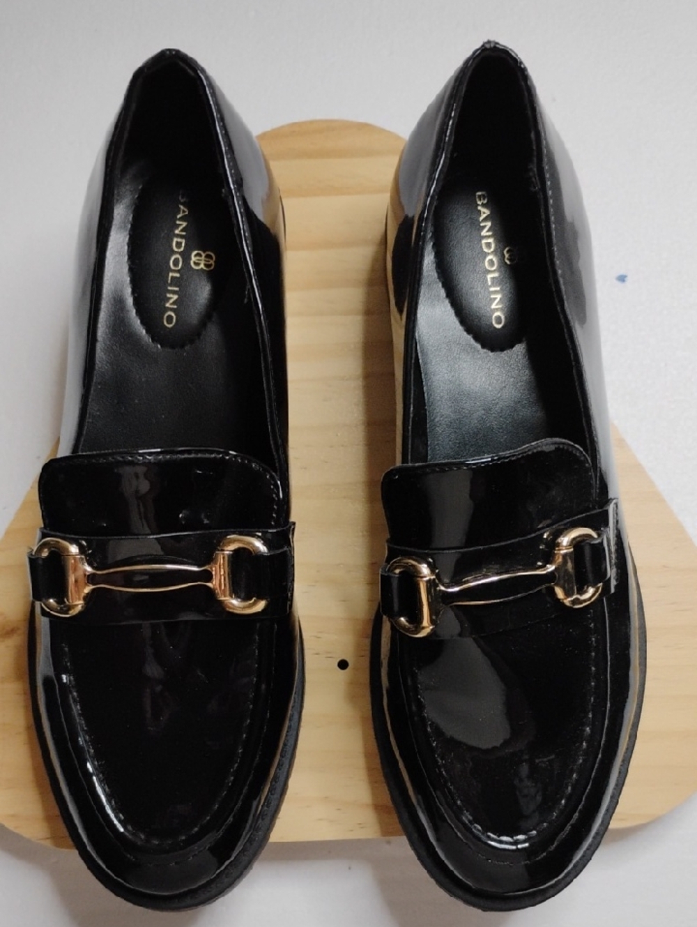 Bandolino Black Patent Loafers with Gold Buckle Accent